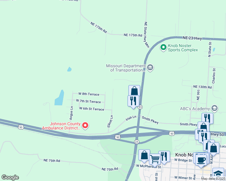 map of restaurants, bars, coffee shops, grocery stores, and more near 802 Kendrick Street in Knob Noster
