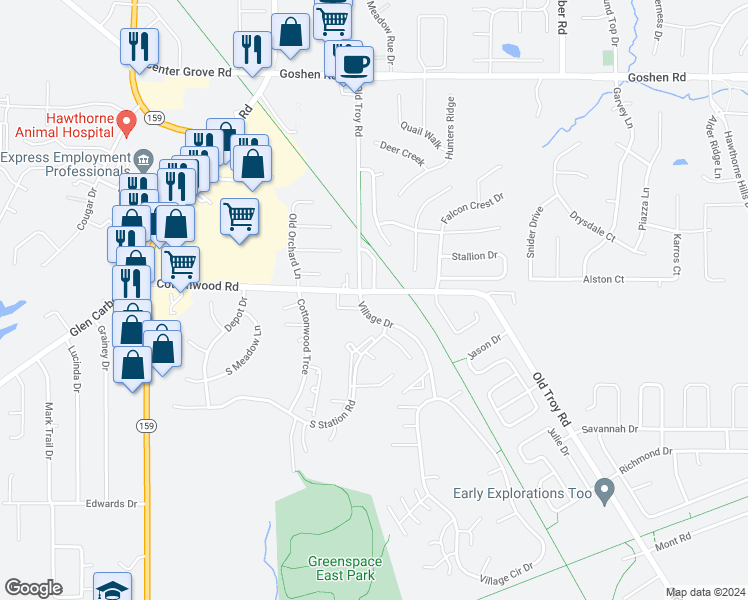 map of restaurants, bars, coffee shops, grocery stores, and more near 106 Village Drive in Glen Carbon