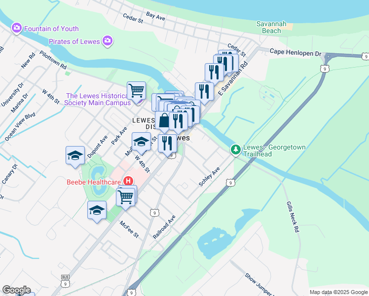 map of restaurants, bars, coffee shops, grocery stores, and more near 107 Kings Highway in Lewes