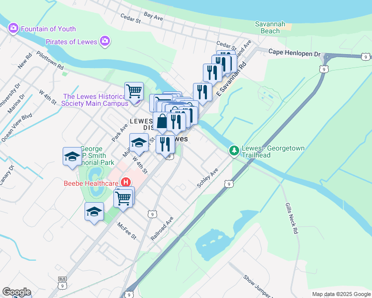 map of restaurants, bars, coffee shops, grocery stores, and more near 107 Kings Highway in Lewes