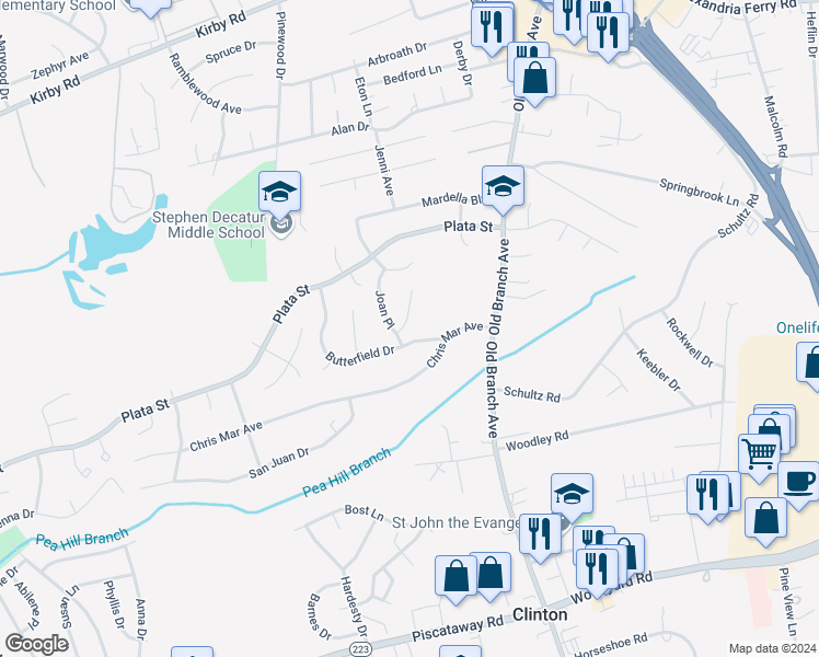 map of restaurants, bars, coffee shops, grocery stores, and more near 8314 Thunder Court in Clinton