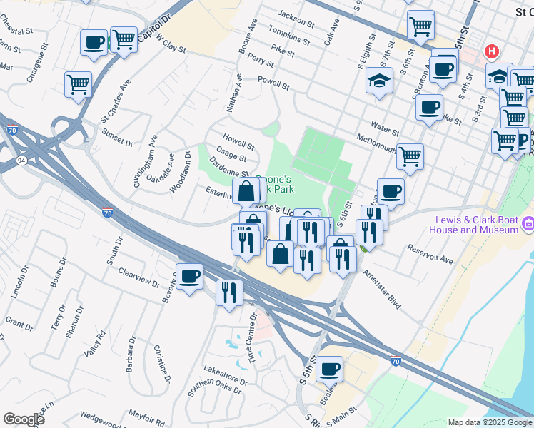 map of restaurants, bars, coffee shops, grocery stores, and more near 1443 Bass Pro Drive in Saint Charles