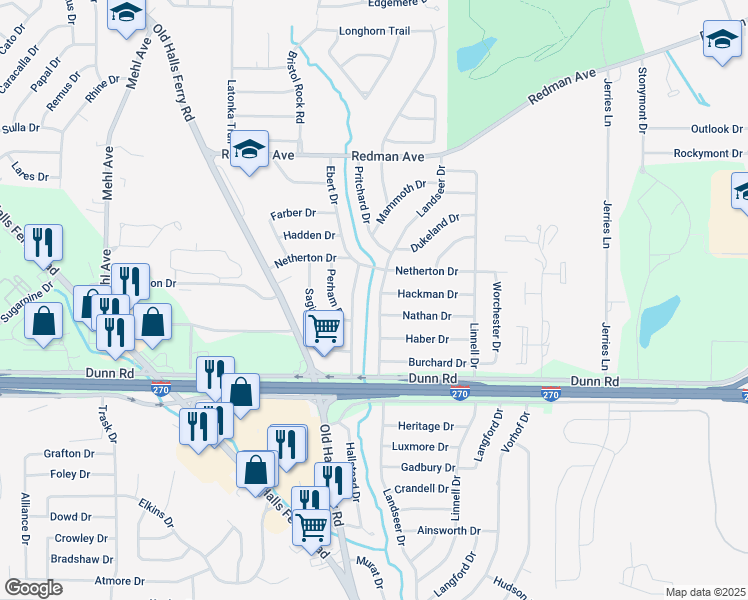 map of restaurants, bars, coffee shops, grocery stores, and more near 11055 Landseer Drive in St. Louis