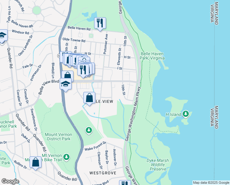 map of restaurants, bars, coffee shops, grocery stores, and more near 6611 East Wakefield Drive in Alexandria
