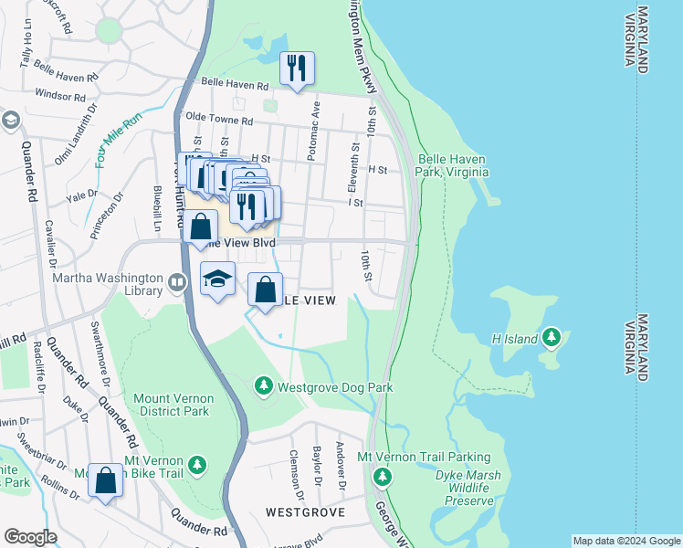 map of restaurants, bars, coffee shops, grocery stores, and more near 6611 East Wakefield Drive in Alexandria