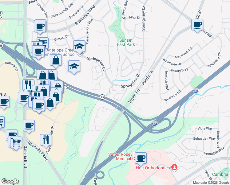 map of restaurants, bars, coffee shops, grocery stores, and more near 6520 Hearthstone Circle in Rocklin