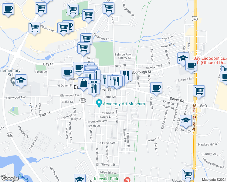 map of restaurants, bars, coffee shops, grocery stores, and more near 216 East Dover Street in Easton