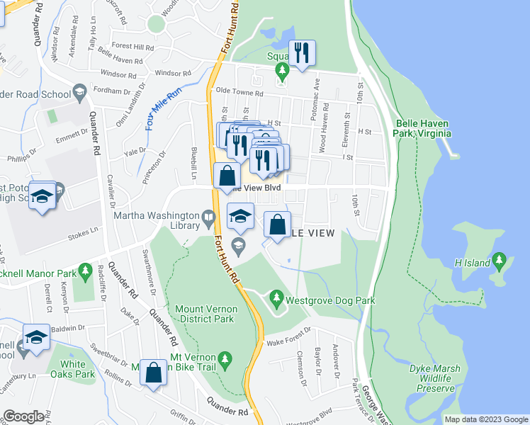 map of restaurants, bars, coffee shops, grocery stores, and more near 6716 West Wakefield Drive in Alexandria