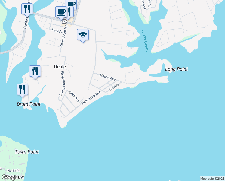 map of restaurants, bars, coffee shops, grocery stores, and more near 6021 1st Avenue in Deale