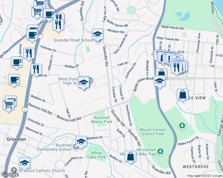 map of restaurants, bars, coffee shops, grocery stores, and more near 6614 Cavalier Drive in Alexandria