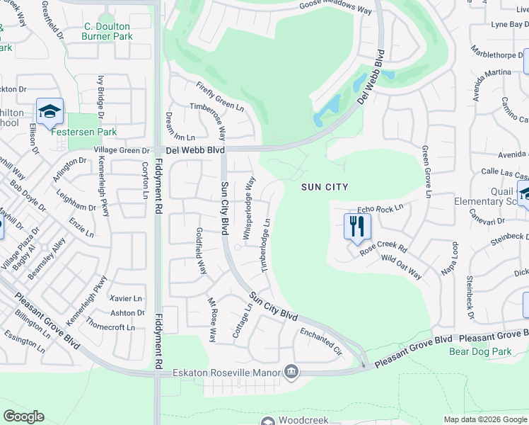 map of restaurants, bars, coffee shops, grocery stores, and more near 6054 Timberlodge Lane in Roseville
