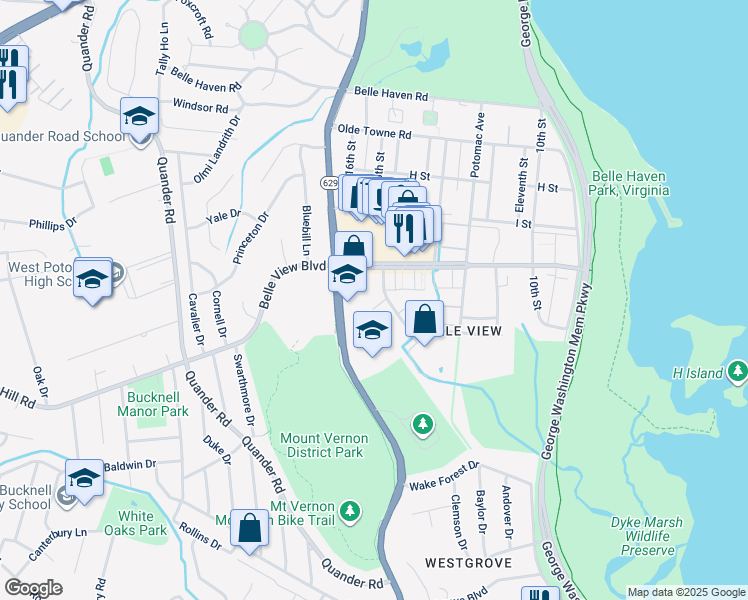 map of restaurants, bars, coffee shops, grocery stores, and more near 6725 West Wakefield Drive in Alexandria