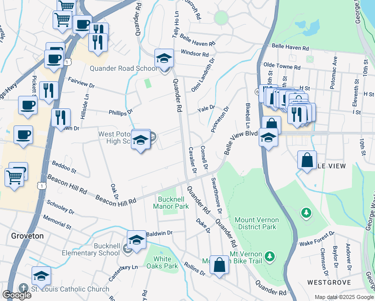 map of restaurants, bars, coffee shops, grocery stores, and more near 6614 Cavalier Drive in Alexandria