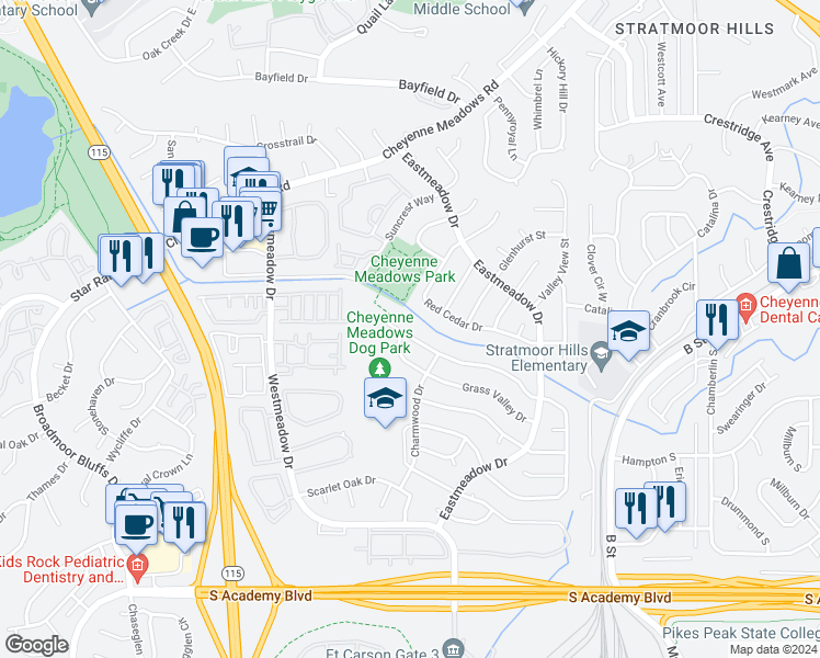 map of restaurants, bars, coffee shops, grocery stores, and more near 1228 Canoe Creek Drive North in Colorado Springs