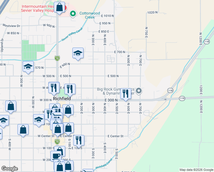 map of restaurants, bars, coffee shops, grocery stores, and more near 409 East 400 North in Richfield