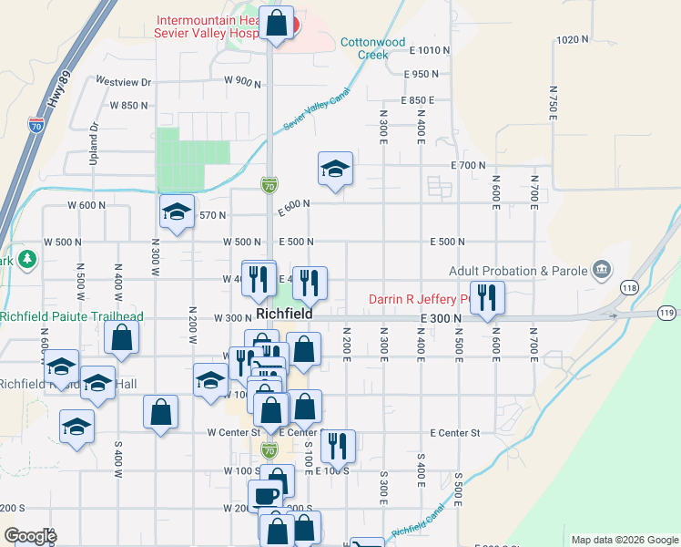 map of restaurants, bars, coffee shops, grocery stores, and more near 195 East 400 North in Richfield