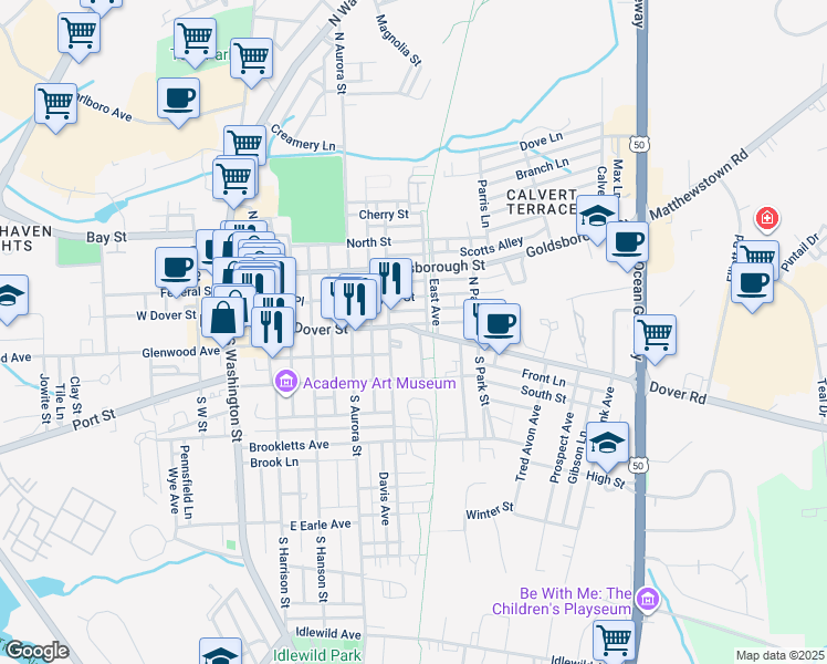 map of restaurants, bars, coffee shops, grocery stores, and more near in Easton