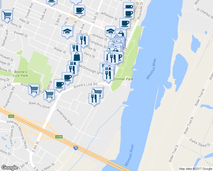 map of restaurants, bars, coffee shops, grocery stores, and more near 1000 S Main St in St Charles