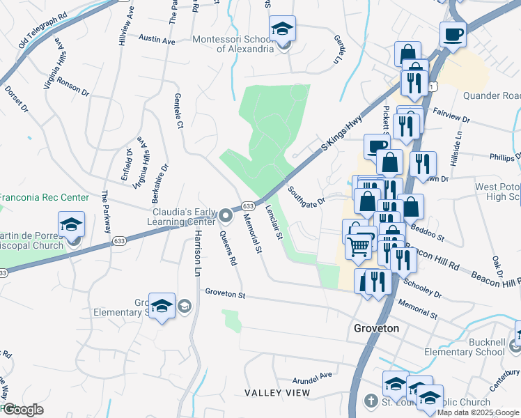 map of restaurants, bars, coffee shops, grocery stores, and more near 6631 South Kings Highway in Alexandria