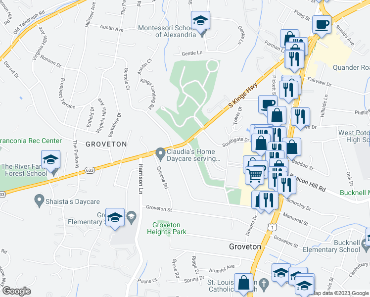 map of restaurants, bars, coffee shops, grocery stores, and more near 6631 South Kings Highway in Alexandria