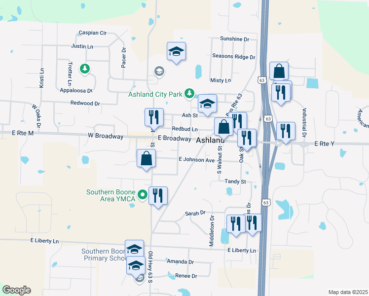 map of restaurants, bars, coffee shops, grocery stores, and more near 205 East Johnson Avenue in Ashland