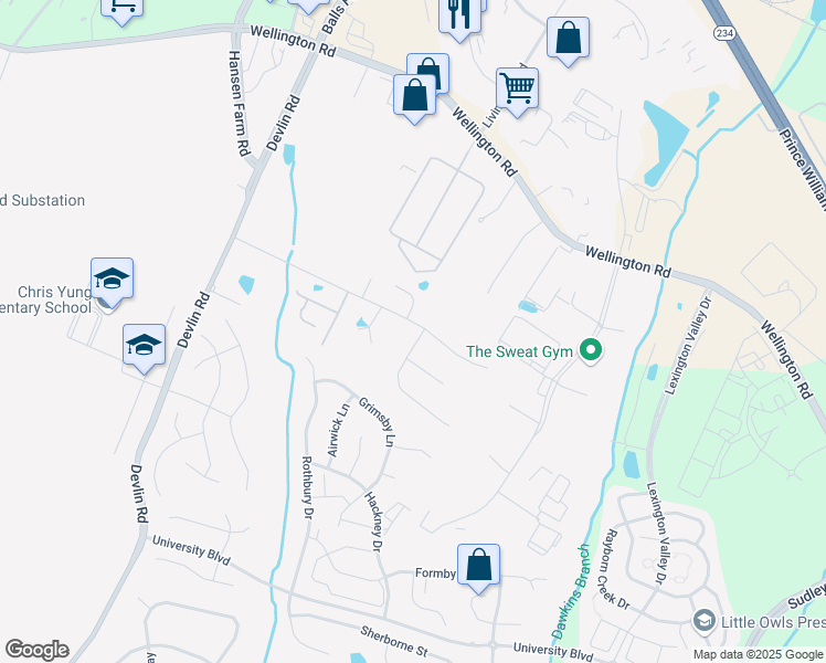 map of restaurants, bars, coffee shops, grocery stores, and more near 8400 Hessian Hill Court in Bristow