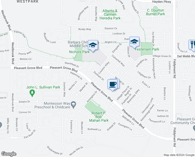map of restaurants, bars, coffee shops, grocery stores, and more near 3041 Ardley Drive in Roseville
