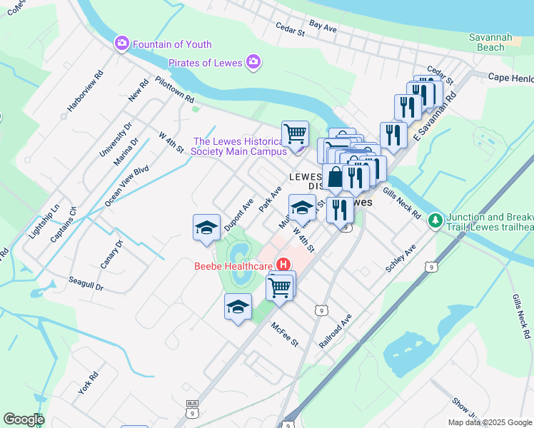 map of restaurants, bars, coffee shops, grocery stores, and more near 410 Mulberry Street in Lewes
