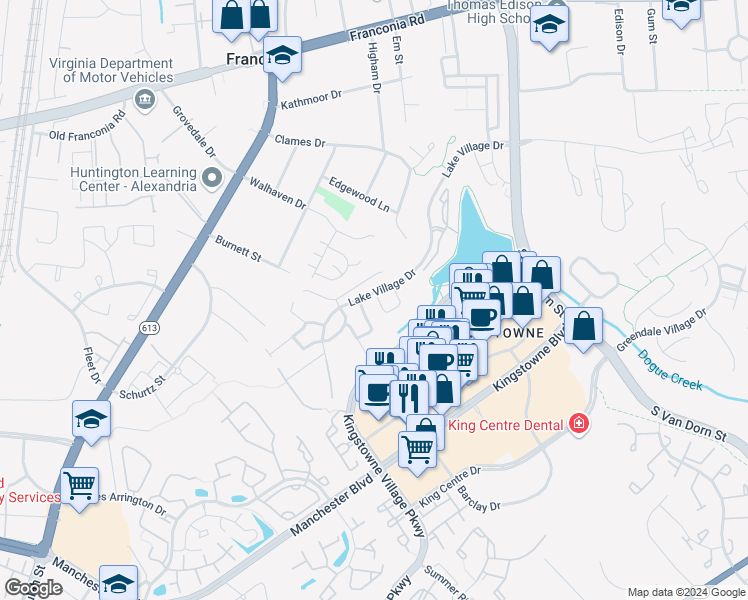 map of restaurants, bars, coffee shops, grocery stores, and more near 6655 Dunwich Way in Alexandria