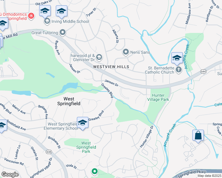map of restaurants, bars, coffee shops, grocery stores, and more near 7815 Greeley Boulevard in West Springfield