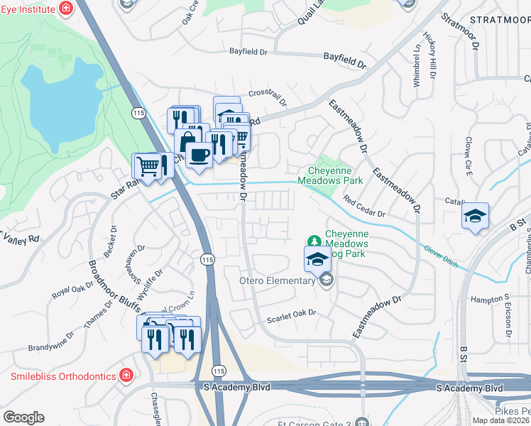 map of restaurants, bars, coffee shops, grocery stores, and more near 4015 Westmeadow Drive in Colorado Springs
