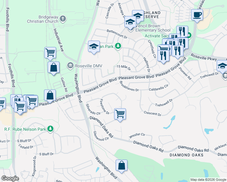 map of restaurants, bars, coffee shops, grocery stores, and more near 243 Firestone Drive in Roseville
