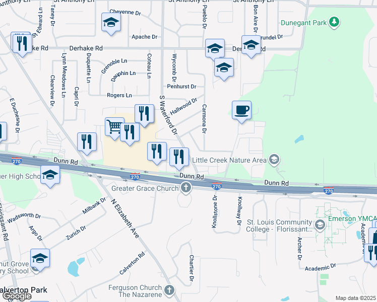 map of restaurants, bars, coffee shops, grocery stores, and more near 1503 South Waterford Drive in Florissant