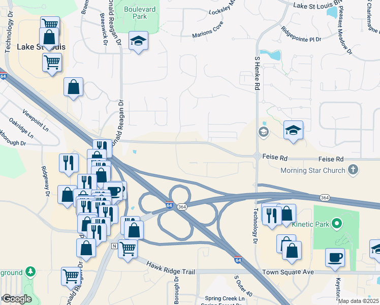 map of restaurants, bars, coffee shops, grocery stores, and more near 2900 Technology Drive in Lake Saint Louis