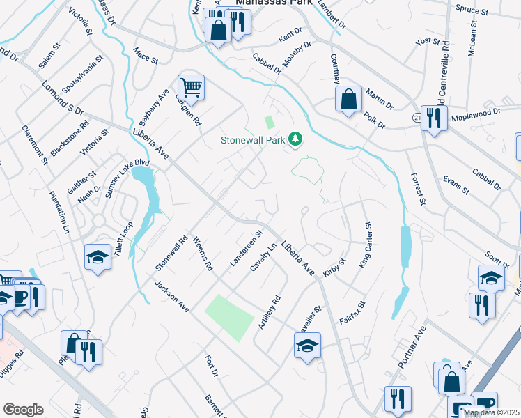 map of restaurants, bars, coffee shops, grocery stores, and more near 8589 Willowbrook Court in Manassas