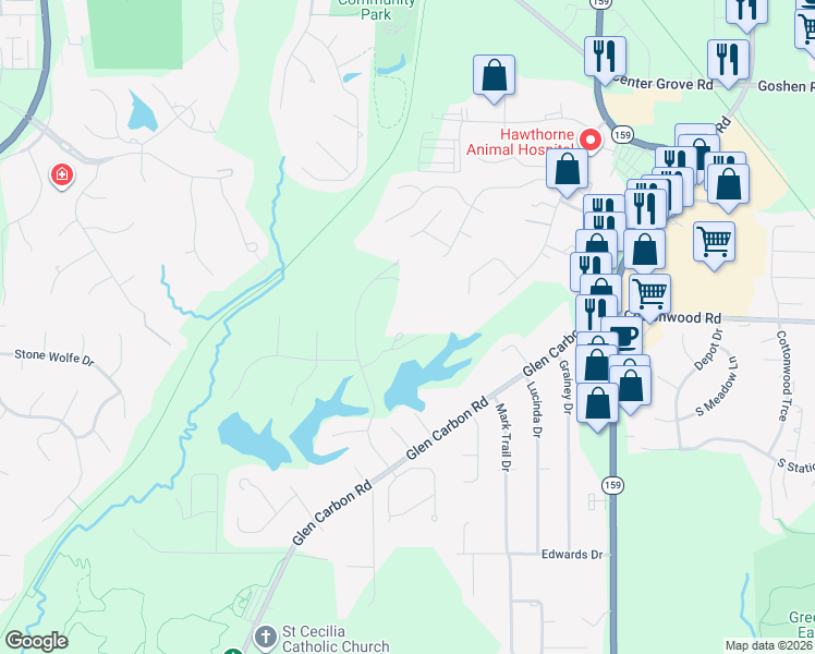 map of restaurants, bars, coffee shops, grocery stores, and more near 3 Abbey Road in Glen Carbon