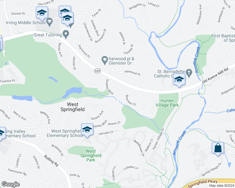 map of restaurants, bars, coffee shops, grocery stores, and more near 7815 Greeley Boulevard in West Springfield
