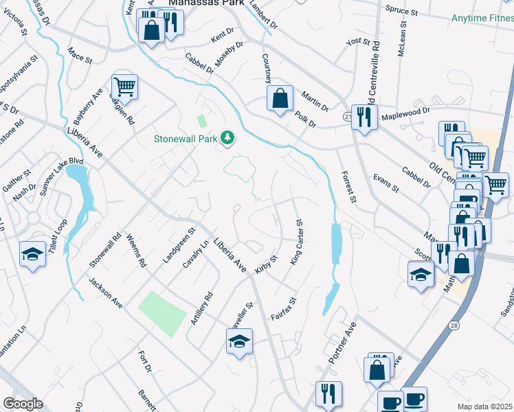 map of restaurants, bars, coffee shops, grocery stores, and more near 9120 New Britain Circle in Manassas