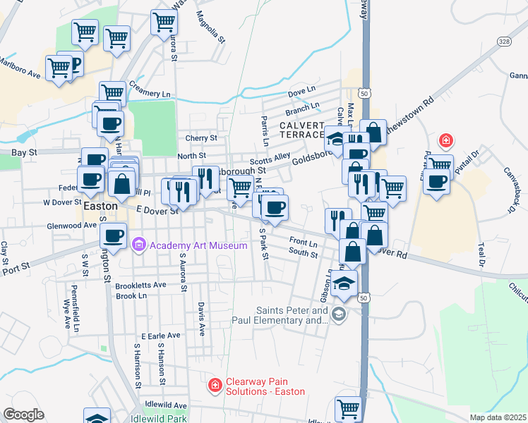 map of restaurants, bars, coffee shops, grocery stores, and more near 10 North Park Street in Easton
