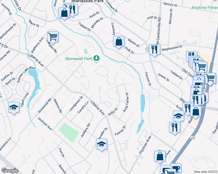 map of restaurants, bars, coffee shops, grocery stores, and more near 9120 New Britain Circle in Manassas