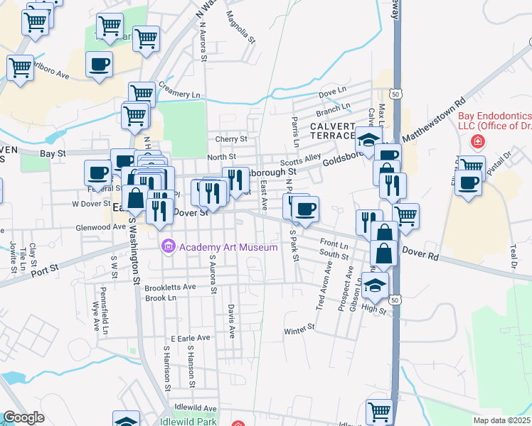 map of restaurants, bars, coffee shops, grocery stores, and more near 26 East Ave in Easton