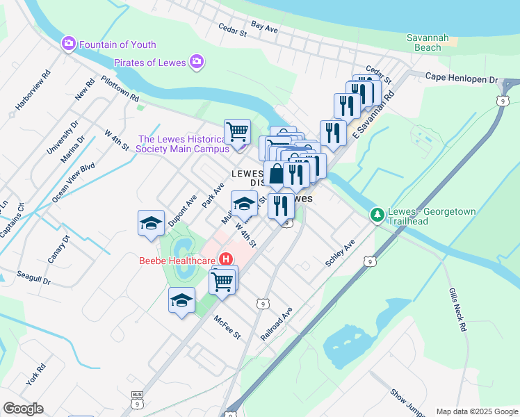 map of restaurants, bars, coffee shops, grocery stores, and more near 327 Market Street in Lewes