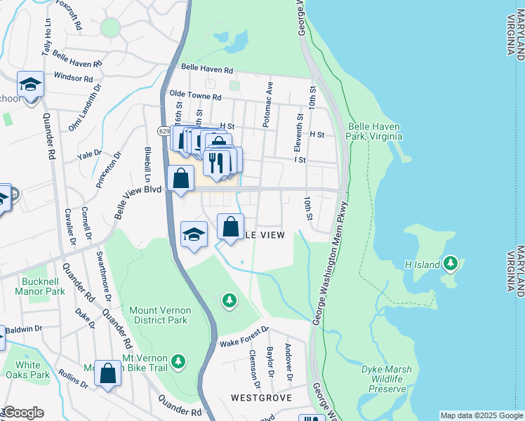 map of restaurants, bars, coffee shops, grocery stores, and more near 6609 Potomac Avenue in Alexandria