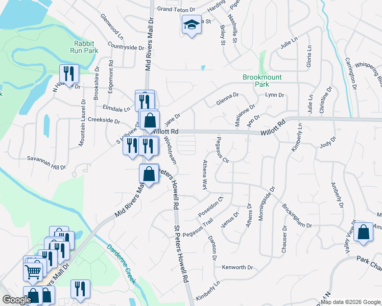 map of restaurants, bars, coffee shops, grocery stores, and more near 300 Willott Square Drive in St. Peters