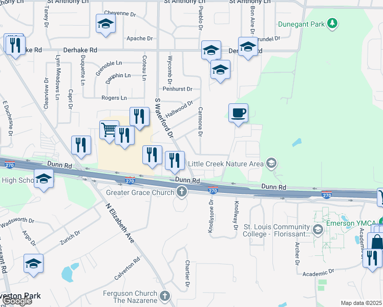 map of restaurants, bars, coffee shops, grocery stores, and more near 1415 Acredale Drive in Florissant