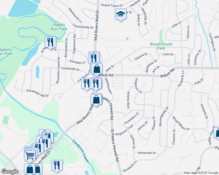 map of restaurants, bars, coffee shops, grocery stores, and more near 1016 Windstream in St. Peters