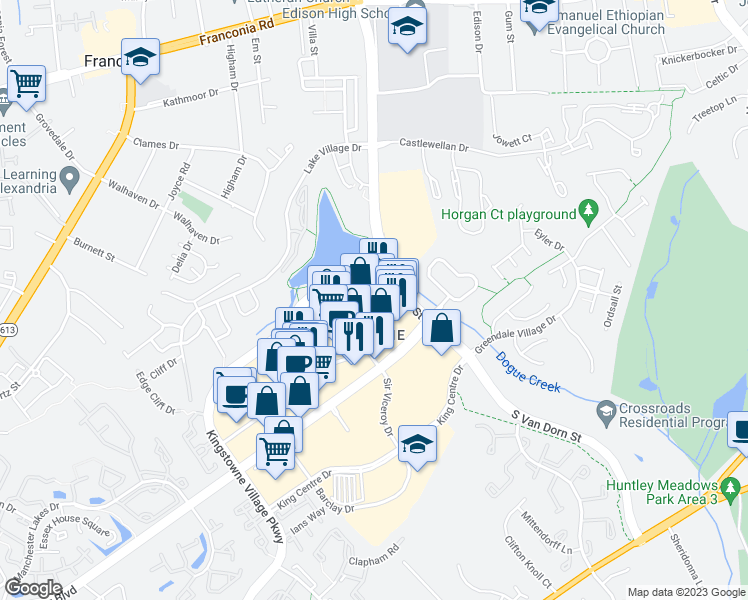 map of restaurants, bars, coffee shops, grocery stores, and more near 5830 Kingstowne Towne Center in Franconia