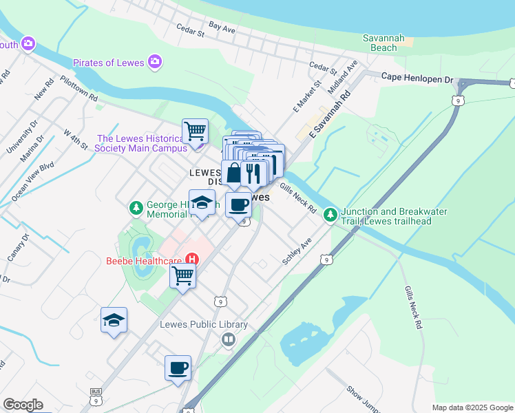 map of restaurants, bars, coffee shops, grocery stores, and more near 100 Kings Highway in Lewes