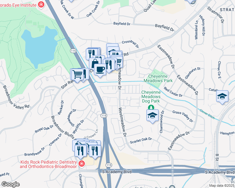 map of restaurants, bars, coffee shops, grocery stores, and more near 948 London Green Way in Colorado Springs