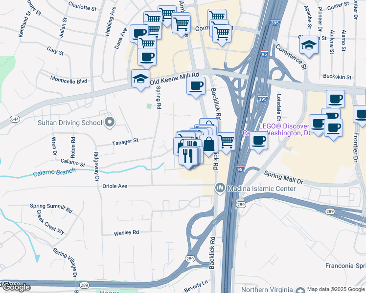 map of restaurants, bars, coffee shops, grocery stores, and more near 7035 Calamo Street in Springfield